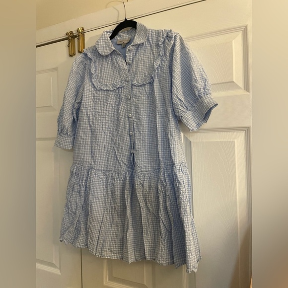 Sandy Liang Blue and white seersucker Gingham Button-Down 3/4 sleeve Dress XS - Picture 4 of 11
